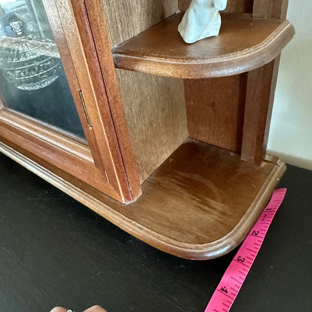 VTG Ornate Mini Wood Wall Curio Cabinet Glass Door Display Case Shelves 17
